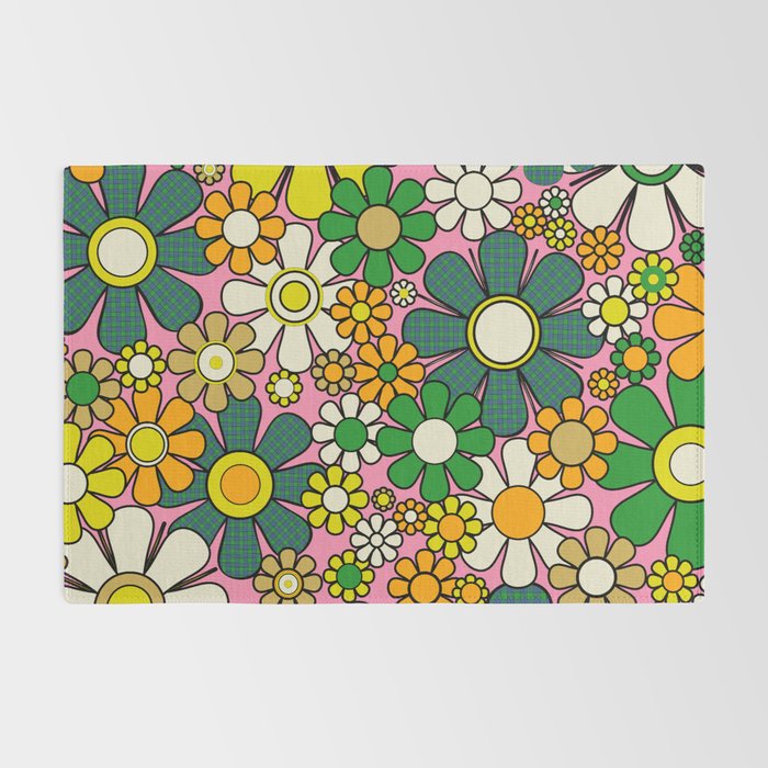 Retro 60s 70s Maximalist Floral Gingham Flowers Pattern in Green Pink Yellow Orange Rug Gallery Image 2