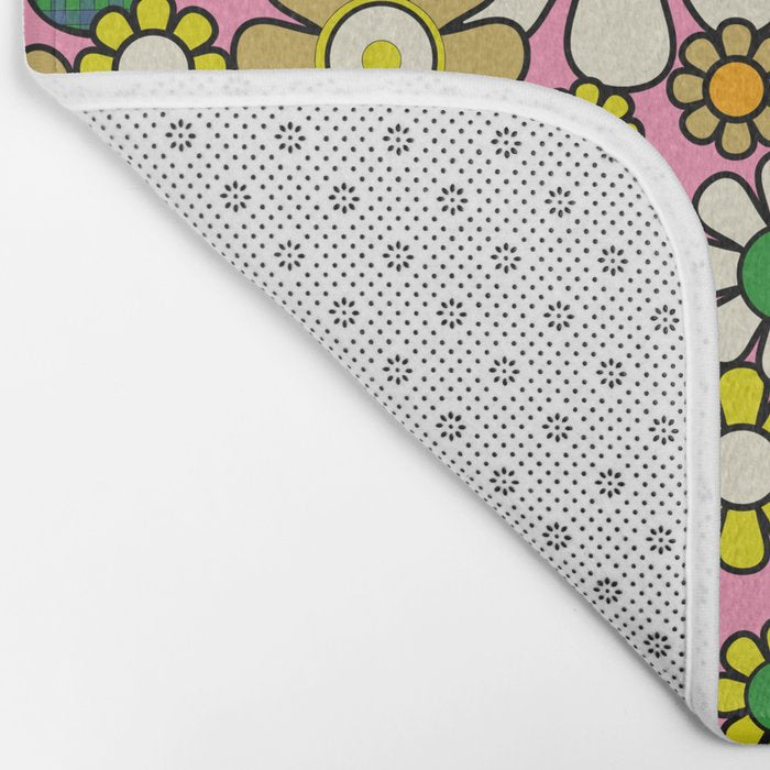 Retro 60s 70s Maximalist Floral Gingham Flowers Pattern in Green Pink Yellow Orange Bath Mat Gallery Image 2