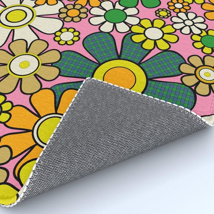 Retro 60s 70s Maximalist Floral Gingham Flowers Pattern in Green Pink Yellow Orange Rug Gallery Image 4