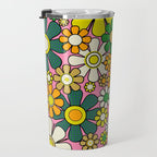 Retro 60s 70s Maximalist Floral Gingham Flowers Pattern in Green Pink Yellow Orange Travel Mug Gallery Image 3
