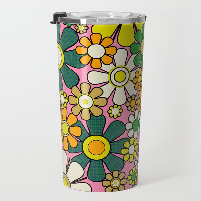 Retro 60s 70s Maximalist Floral Gingham Flowers Pattern in Green Pink Yellow Orange Travel Mug Gallery Image 3