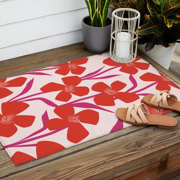 Red and Pink Floral Pattern Outdoor Rug Gallery Image 2