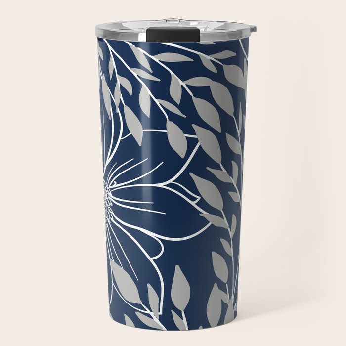 Festive, Floral Prints and Leaves, Line Art, Navy Blue and Gray Travel Mug Gallery Image 1