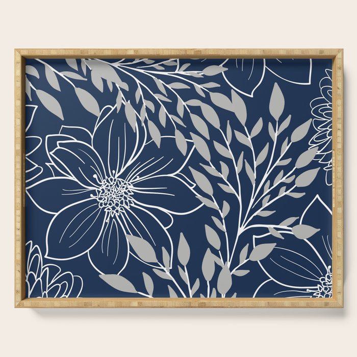 Festive, Floral Prints and Leaves, Line Art, Navy Blue and Gray Serving Tray Gallery Image 1