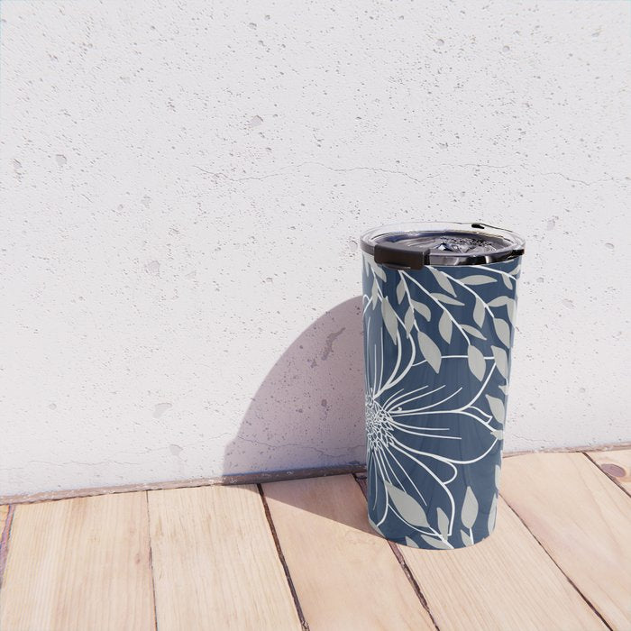 Festive, Floral Prints and Leaves, Line Art, Navy Blue and Gray Travel Mug Gallery Image 4