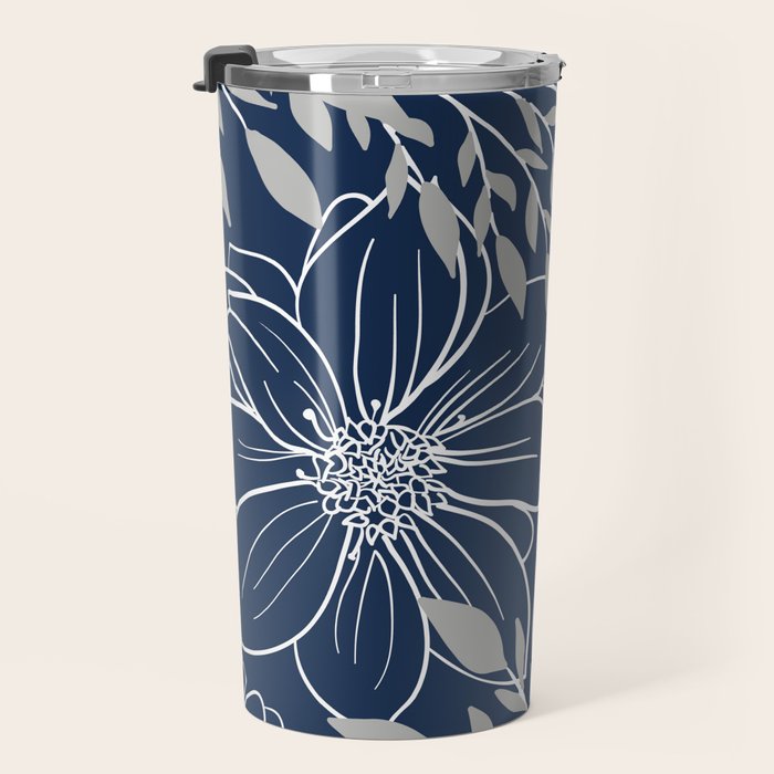 Festive, Floral Prints and Leaves, Line Art, Navy Blue and Gray Travel Mug Gallery Image 3