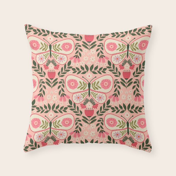 Folk Butterfly Pattern - Peach Throw Pillow Gallery Image 1
