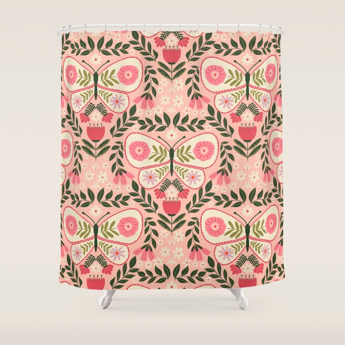 Folk Butterfly Pattern - Peach Shower Curtain Gallery Image 1