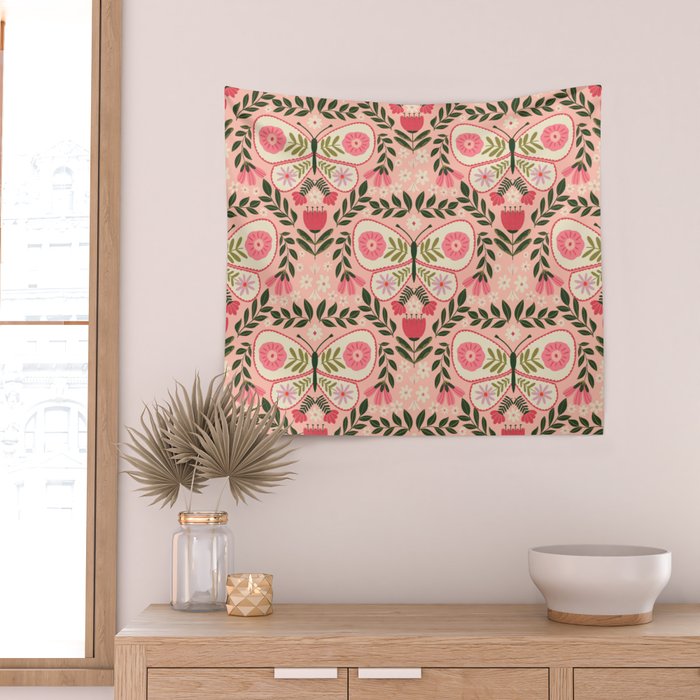 Folk Butterfly Pattern - Peach Wall Tapestry Gallery Image 2