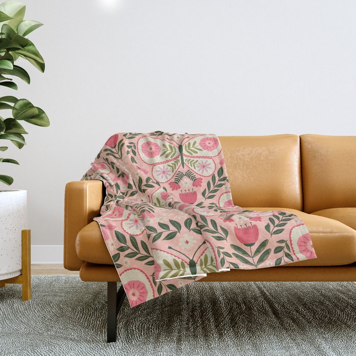 Folk Butterfly Pattern - Peach Throw Blanket Gallery Image 1