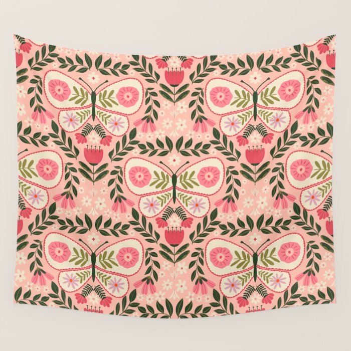 Folk Butterfly Pattern - Peach Wall Tapestry Gallery Image 4