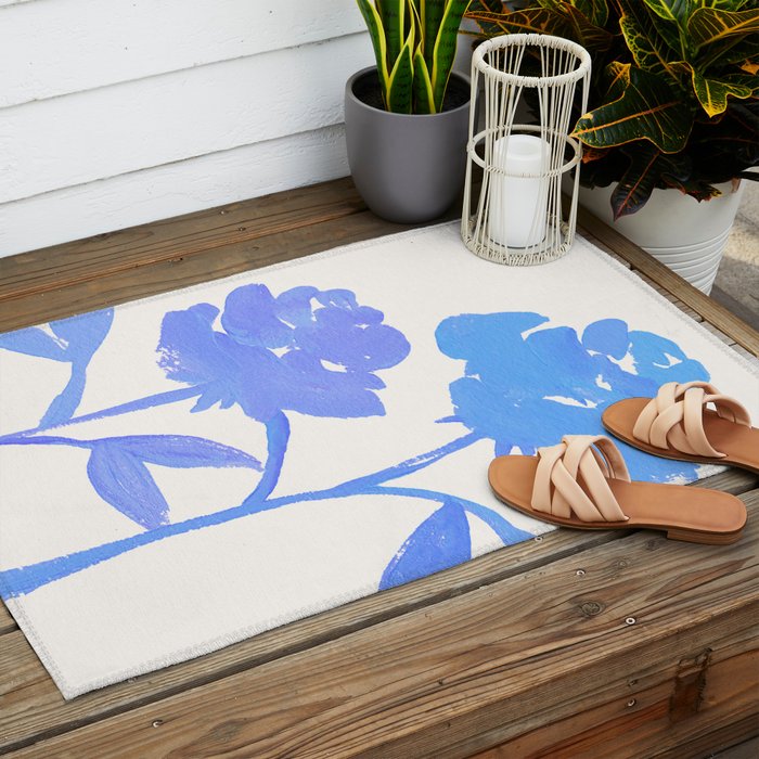 Blue Roses - Gouache Botanical Painting Outdoor Rug Gallery Image 2