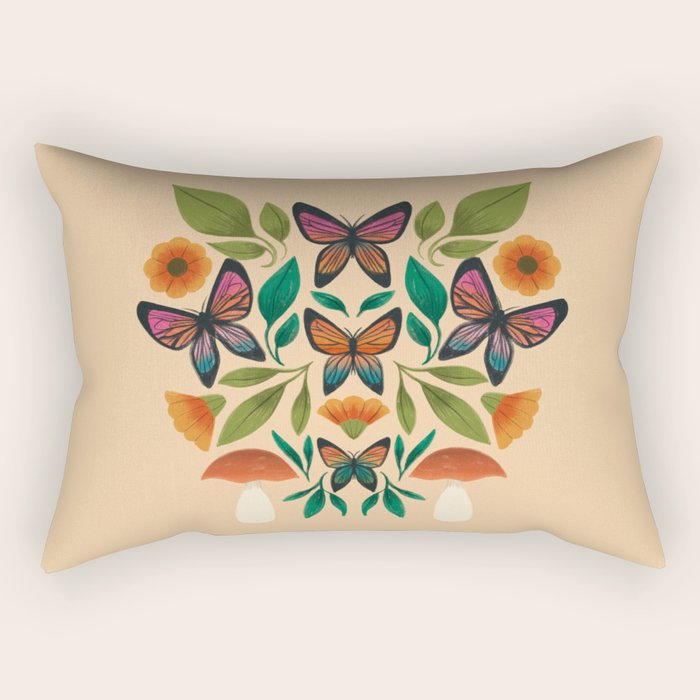 Rainbow Butterfly Garden with Mushrooms Rectangular Pillow Gallery Image 1