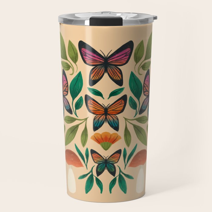 Rainbow Butterfly Garden with Mushrooms Travel Mug Gallery Image 1