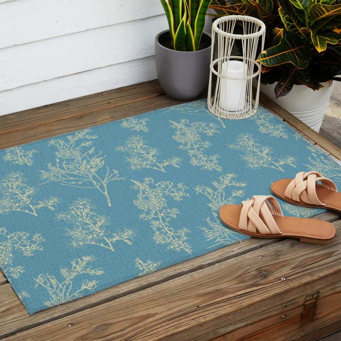 Botanical Cottage Woven Look Pattern in Light Blue Outdoor Rug Gallery Image 2