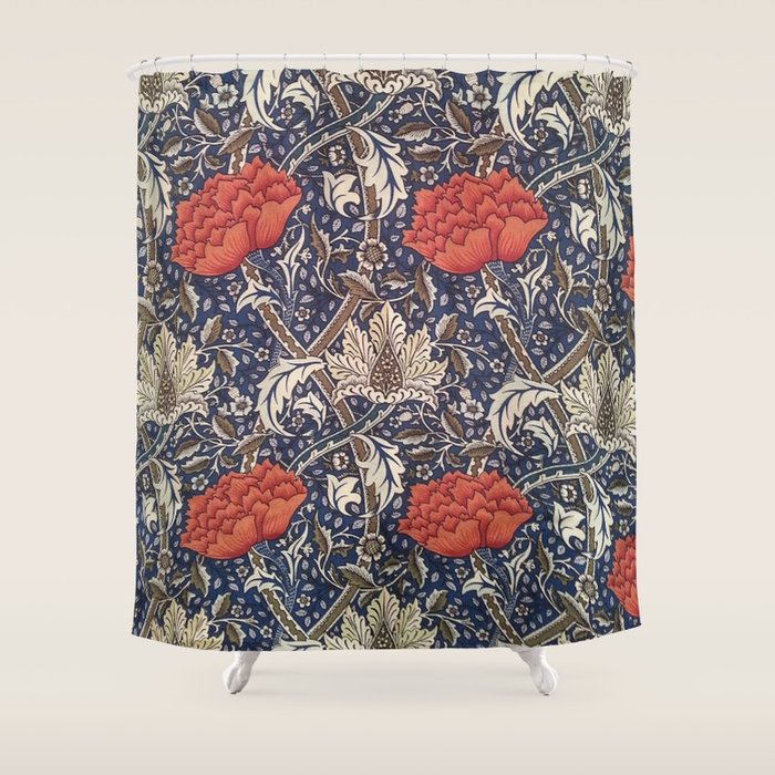 William Morris Windrush Blue Red Vintage Pattern Shower Curtain Gallery Image 1