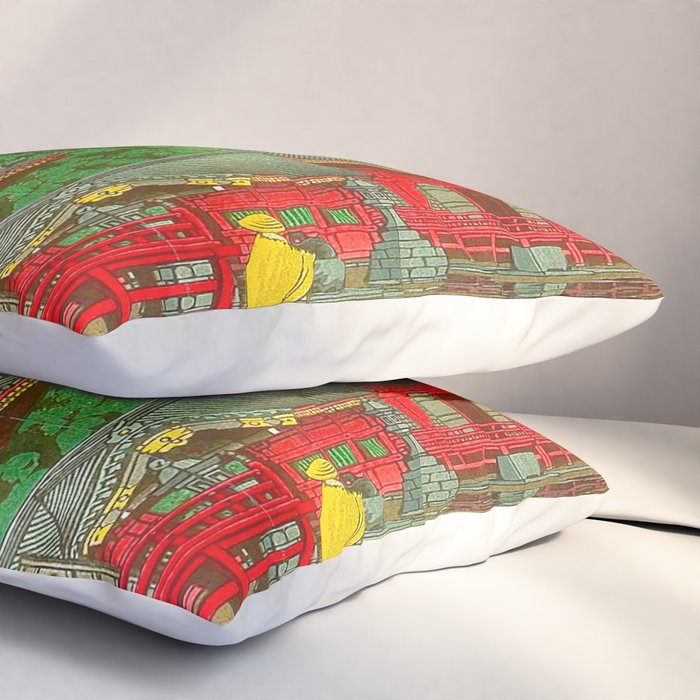 Vintage Japanese Woodblock Print Rainy Day At The Shinto Shrine Tall Pine trees Yellow Rain Coat Pillow Sham Gallery Image 3