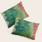 Vintage Japanese Woodblock Print Rainy Day At The Shinto Shrine Tall Pine trees Yellow Rain Coat Pillow Sham Gallery Image 3
