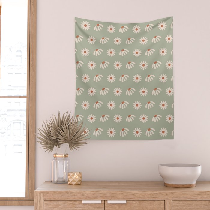 Sage green daisy pattern Wall Tapestry Gallery Image 2