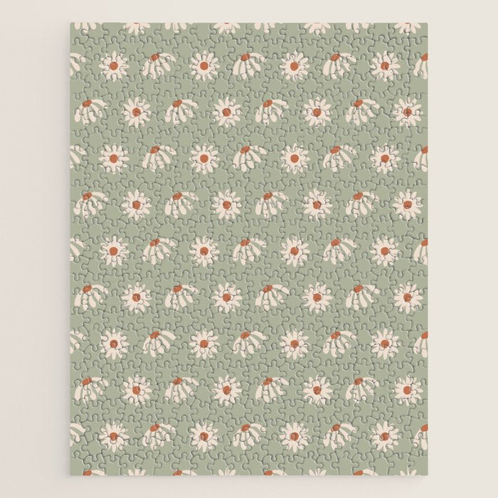 Sage green daisy pattern Jigsaw Puzzle Gallery Image 1