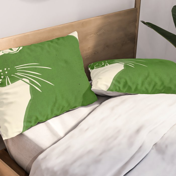 Minimalist Green Cat Pillow Sham Gallery Image 2
