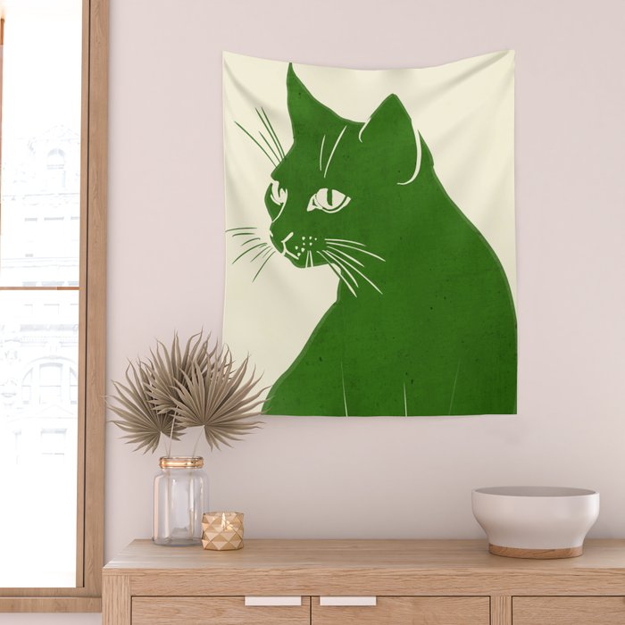 Minimalist Green Cat Wall Tapestry Gallery Image 2