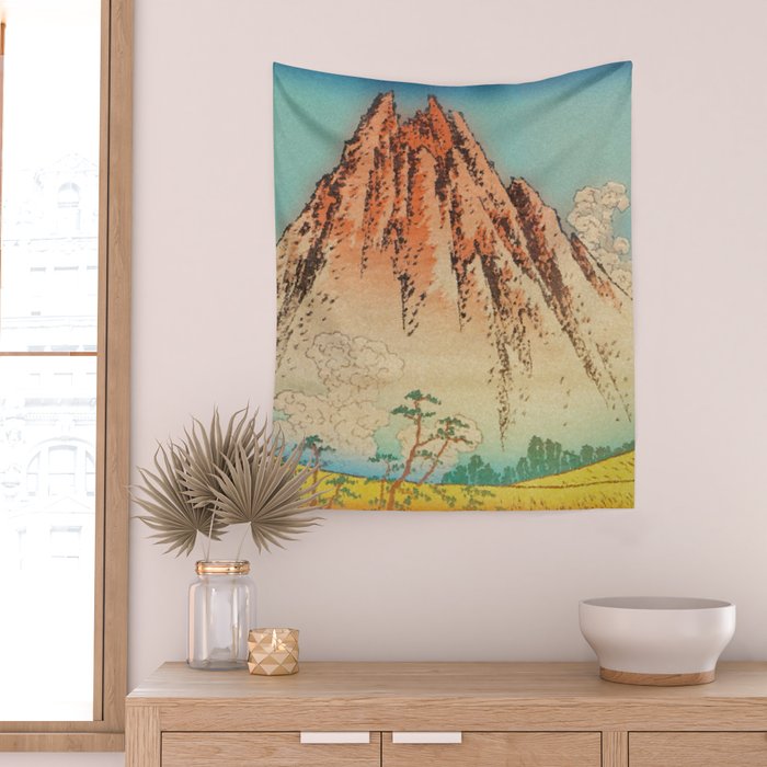 Greeting Kaneda - Mountain  Nature Landscape in Yellow, Orange and Blue Wall Tapestry Gallery Image 2