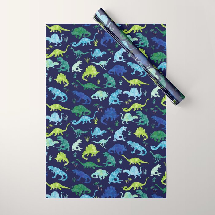 Watercolor Dinosaur Blue Green Dino Pattern Wrapping Paper Gallery Image 1