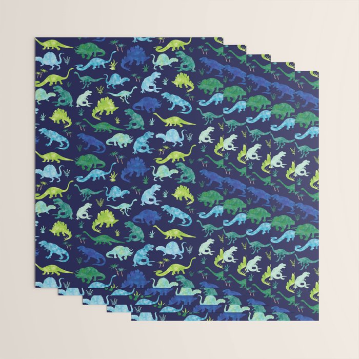Watercolor Dinosaur Blue Green Dino Pattern Wrapping Paper Gallery Image 3