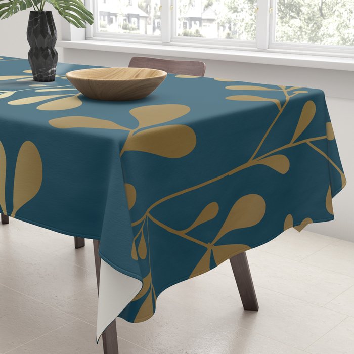 Floral Leaves, Teal and Gold Tablecloth Gallery Image 3