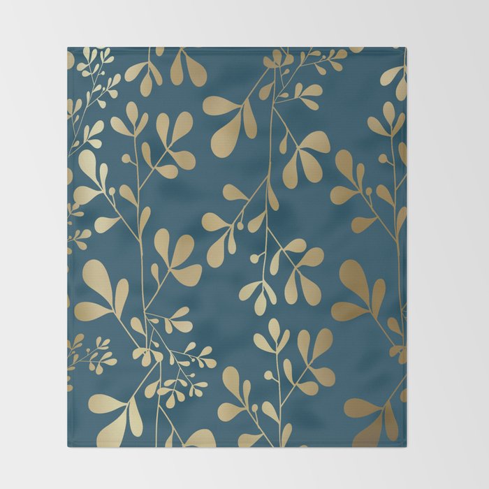 Floral Leaves, Teal and Gold Throw Blanket Gallery Image 2