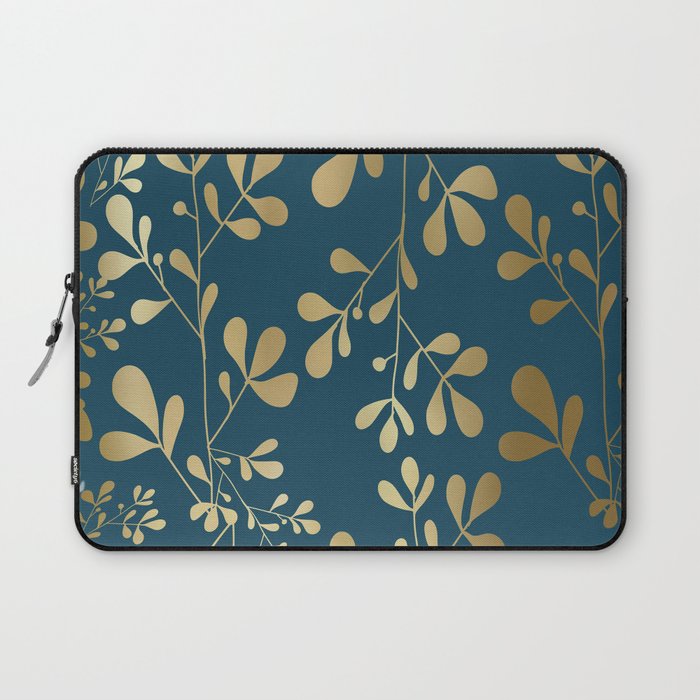 Floral Leaves, Teal and Gold Laptop Sleeve Gallery Image 1