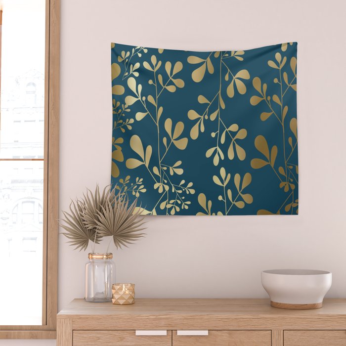 Floral Leaves, Teal and Gold Wall Tapestry Gallery Image 2