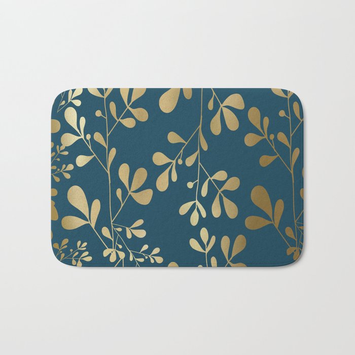 Floral Leaves, Teal and Gold Bath Mat Gallery Image 1