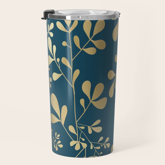 Floral Leaves, Teal and Gold Travel Mug Gallery Image 3