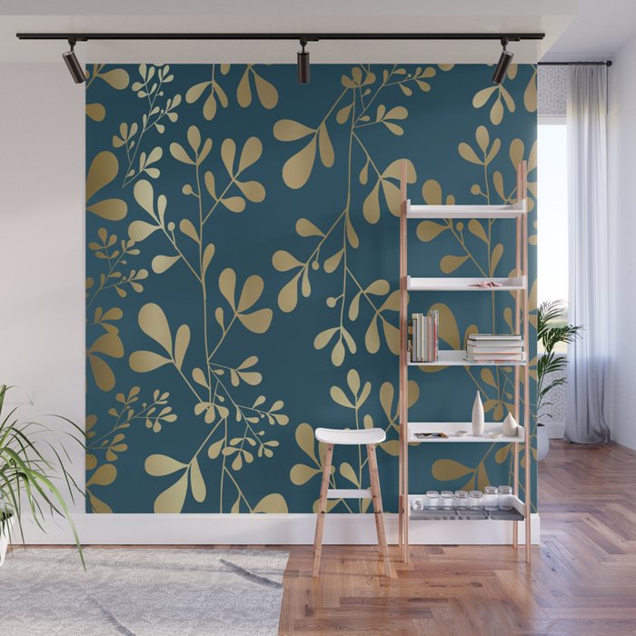 Floral Leaves, Teal and Gold Wall Mural Gallery Image 1