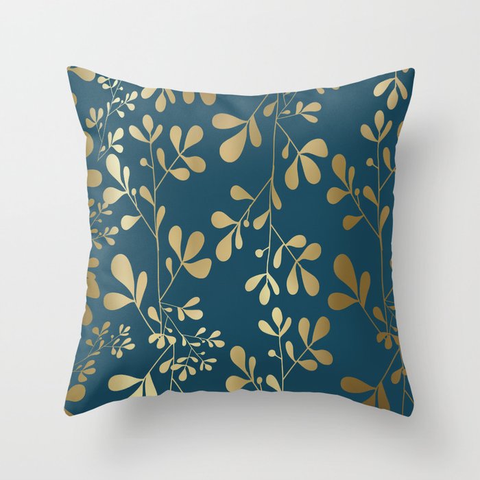 Floral Leaves, Teal and Gold Throw Pillow Gallery Image 6