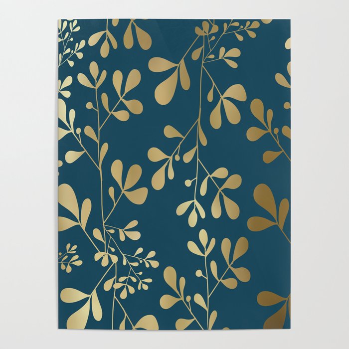 Floral Leaves, Teal and Gold Poster Gallery Image 4