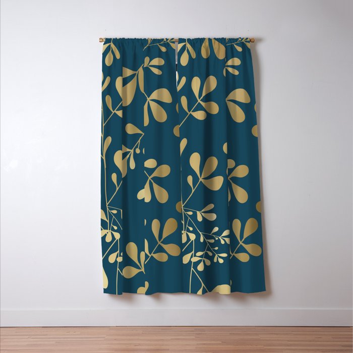 Floral Leaves, Teal and Gold Window Curtain Gallery Image 3
