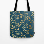 Floral Leaves, Teal and Gold Tote Bag Gallery Image 1