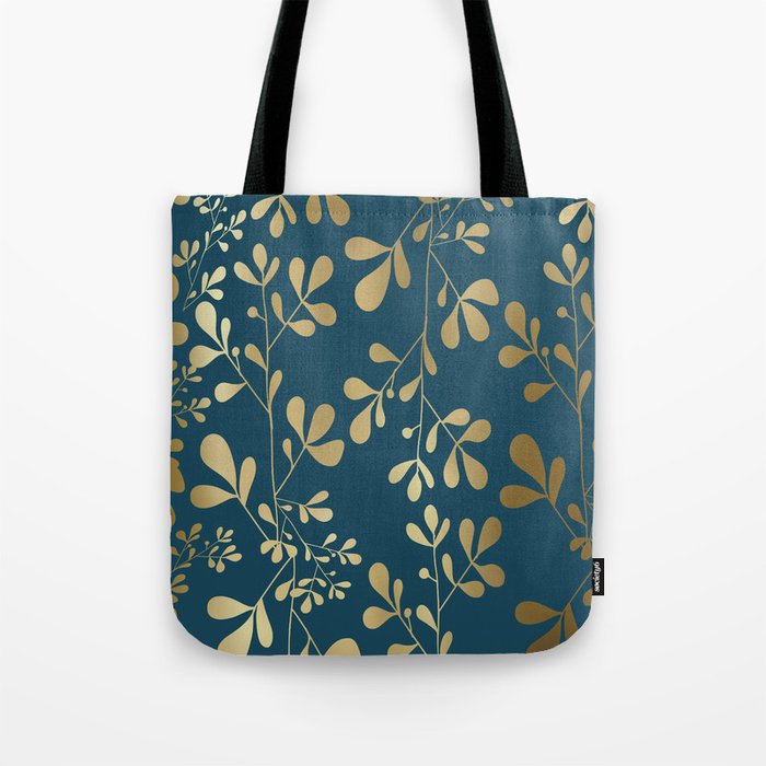 Floral Leaves, Teal and Gold Tote Bag Gallery Image 1