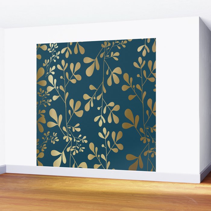 Floral Leaves, Teal and Gold Wall Mural Gallery Image 2