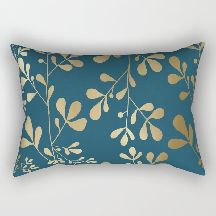 Floral Leaves, Teal and Gold Rectangular Pillow Gallery Image 1