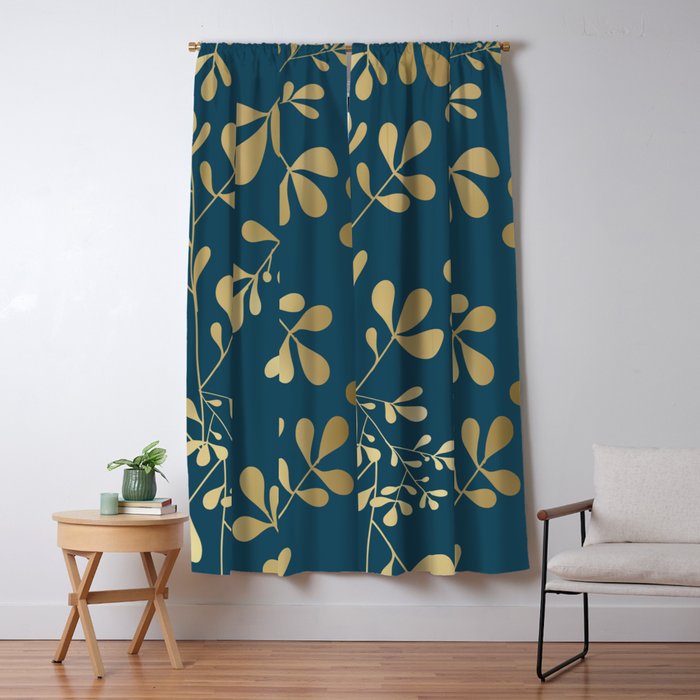 Floral Leaves, Teal and Gold Window Curtain Gallery Image 5