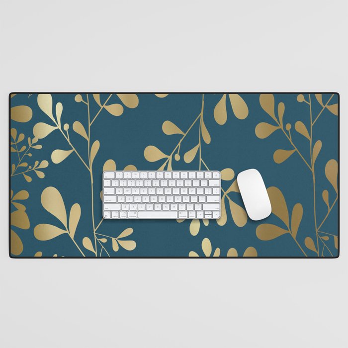 Floral Leaves, Teal and Gold Desk Mat Gallery Image 1