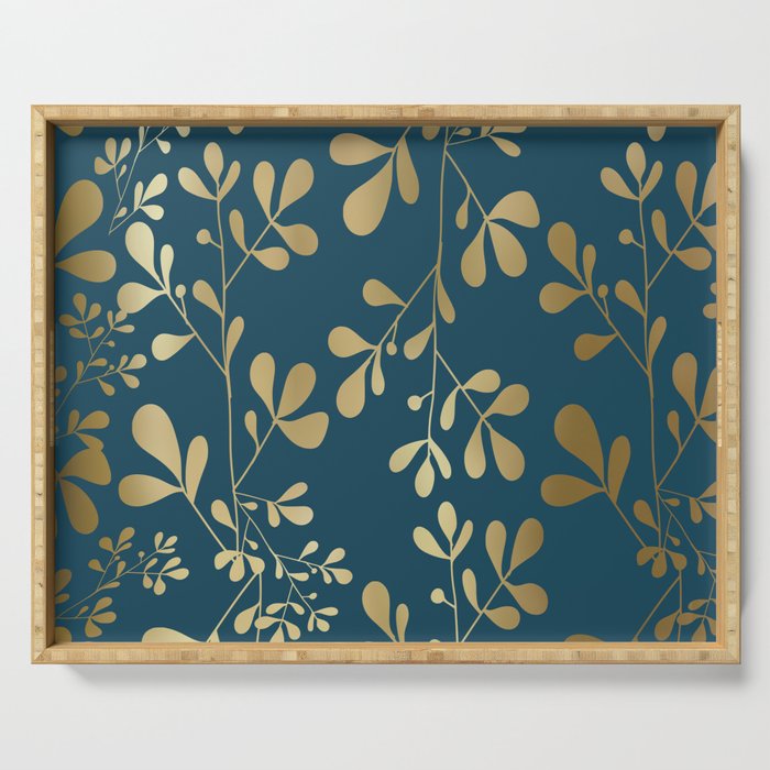 Floral Leaves, Teal and Gold Serving Tray Gallery Image 1