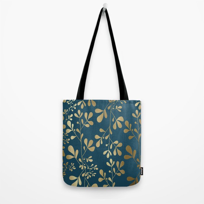 Floral Leaves, Teal and Gold Tote Bag Gallery Image 2