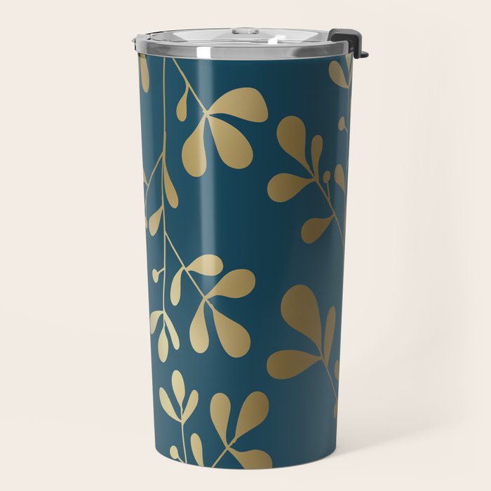 Floral Leaves, Teal and Gold Travel Mug Gallery Image 2