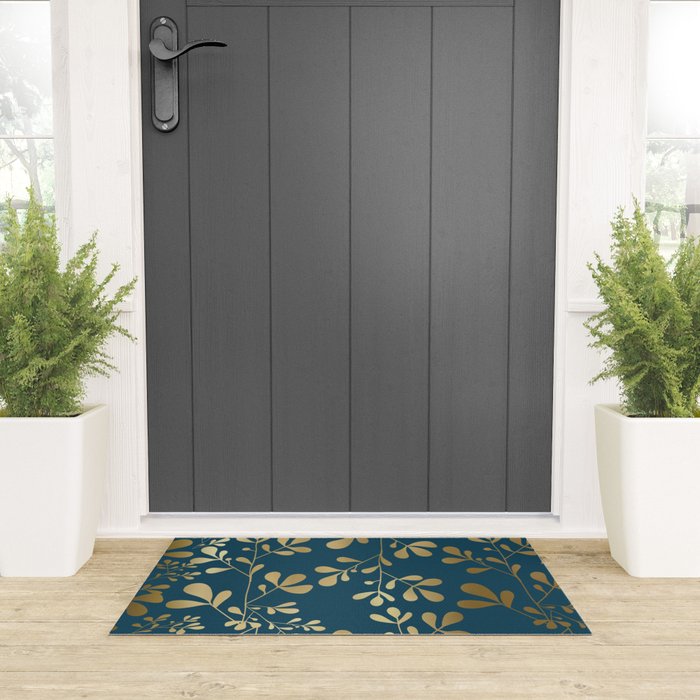Floral Leaves, Teal and Gold Welcome Mat Gallery Image 3