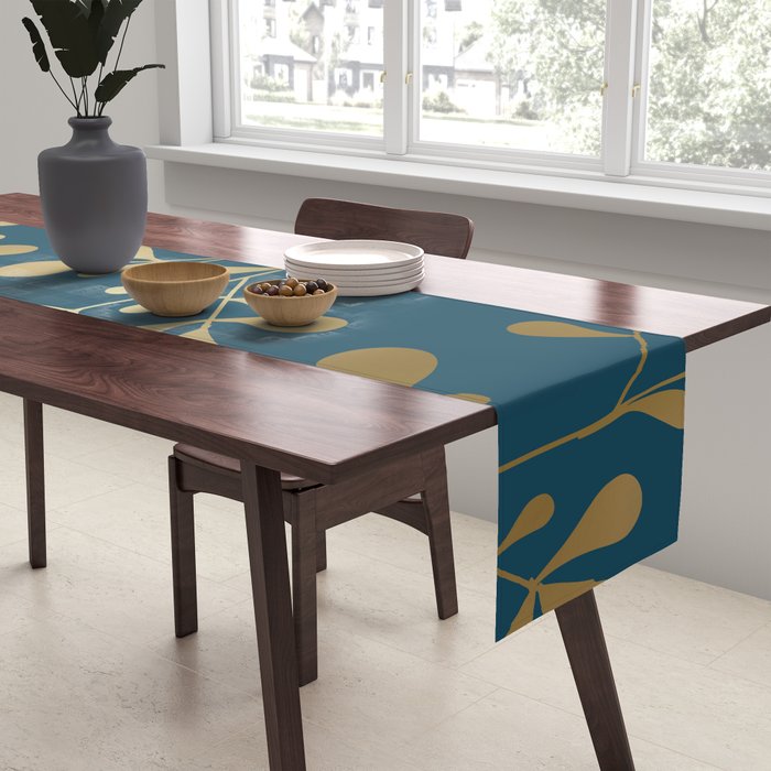 Floral Leaves, Teal and Gold Table Runner Gallery Image 2